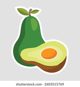 Avocado Vector Illustration Sticker. Flat vector illustration of a whole and sliced avocado sticker, perfect for food-related designs, digital graphics, and educational projects