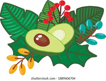 Avocado.  Vector illustration.  Two halves of an avocado among tropical leaves and flowers.  Vector illustration design.  Hand-drawn.  Bright green colors.  Delicious bouquet.  Vector.