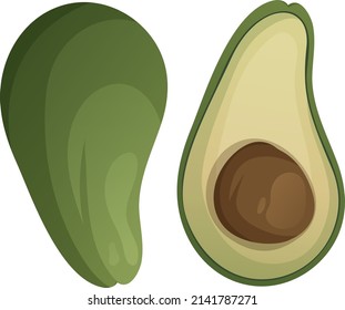 Avocado vector illustration. Whole and half vegetable. Healthy lifestyle concept, control weight with vitamins and diet, keep fit, isolated transparent background