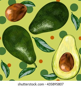 Avocado. Vector illustration. Whole avocado with leaf and slice seamless pattern in vector.