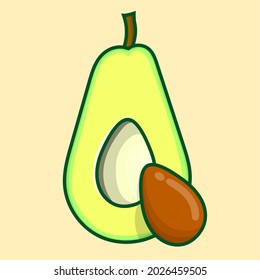 Avocado, Vektorgrafik mit gelbem Hintergrund. isolierter Avocado mit Umriss-Cartoon-Stil. Avocado in Scheiben
