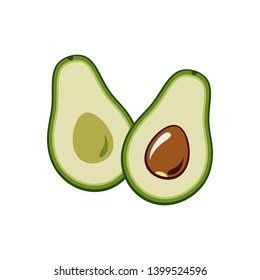 Avocado vector isolated on white backgroud. Green avocado cut in half, with seed. Vector hand drawn illustration avocado for vegetarian logo, sign, sticker, poster, restaurant menu.