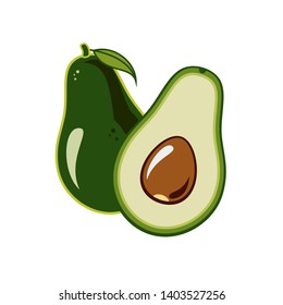 Avocado, Vektorgrafik einzeln auf weißem Hintergrund. Grüner Avocado, ganz, halbiert, mit Blatt und Samen. Vektor handgezeichnet Illustration avocado für vegetarische Logos, Schild, Aufkleber, Plakat, Restaurant Menü.