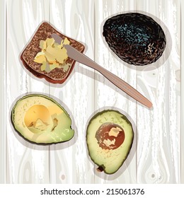 Avocado vector isolated on wood surface of the table.  Avocado. Vector illustration