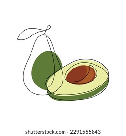 Vector de aguacate. Ilustración de línea continua dibujada a mano. Icono de frutas y verduras. Silueta lineal mínima. Diseño de esquema, impresión, banner, tarjeta, folleto, logotipo, caricatura, doodle gráfico, símbolo.