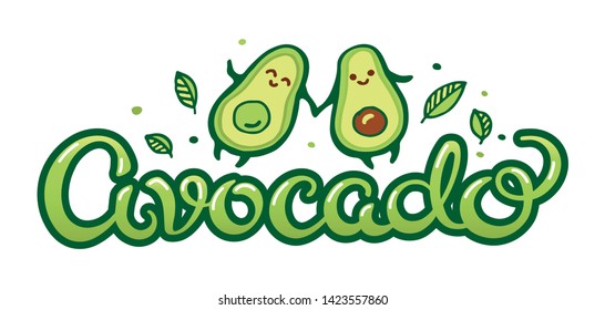 Avocado vector logo. Hand drawn lettering logotype. Cute avocado. 