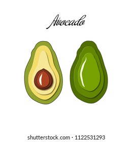 Avocado Vector Paper Cut style fresh fruit isolated on white background. Whole and cut in half avocado with pit.