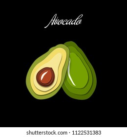 Avocado Vector Paper Cut style fresh fruit isolated on black background. Whole and cut in half avocado with pit.