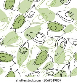 Avocado vector pattern. Food, abstract vegetables drawn by one line. Isolated backgrounds.