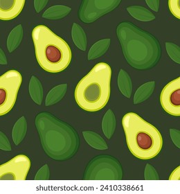 Avocado vector seamless pattern. Cut slices and green leaves on dark background. Best for textile, wallpapers, kitchen decoration, wrapping paper, package and web design.