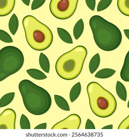 Avocado vector seamless pattern. Cut slices and green leaves on yellow background. Best for textile, wallpapers, kitchen decoration, wrapping paper and your design.