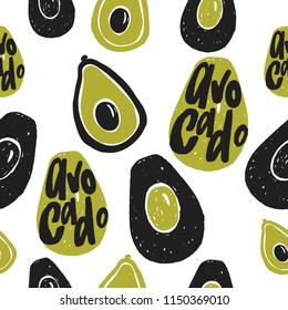 Avocado vector seamless pattern. Hand drawn illustration and lettering.