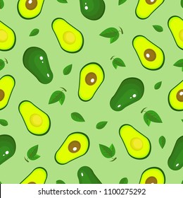 Avocado vector seamless pattern on green background. Realistic vector avocados. Whole and cut avocado