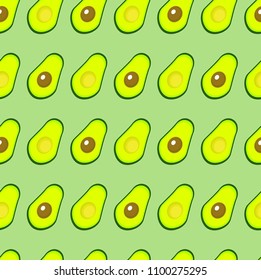 Avocado vector seamless pattern on green background. Realistic vector avocados. Whole and cut avocado