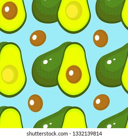 Avocado vector seamless pattern on blue background. Realistic vector avocados. Whole and cut avocado