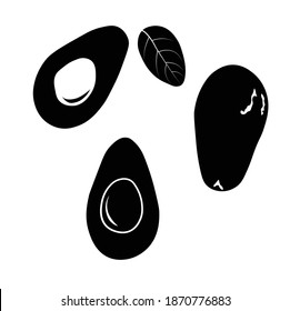Avocado vector stock illustration. Black and white monochrome avocado fruit. Bay fruit. Isolated on a white background.