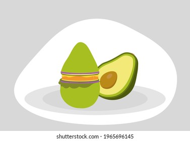 Avocado and vegan avocado burger on the plate. Vector illustration.