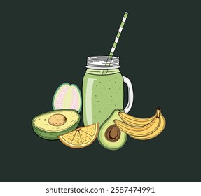 Avocado vegan detox smoothie. Fresh Green smoothie recipe with avocado, banana, lemon slice and half guava in mason jar with straw for healthy lifestyle smoothie.