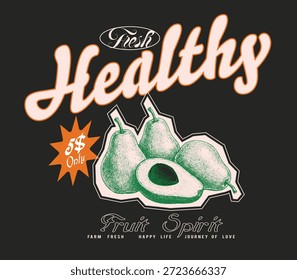 Avocado Gemüsekunst für T-Shirt-Druck. Vintage Retro Grafik Avocado T-Shirt. Textdruck für Avocado-Typografie. Frauen süßes T-Shirt Print, Fruchtabdrücke. Sommernahrungsmittelgrafik