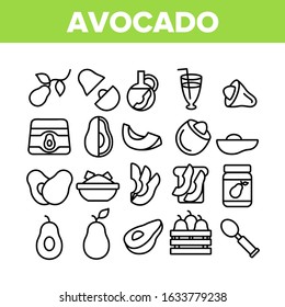 Avocado Vegetable Collection Icons Set Vector. Avocado Sliced Pieces And Healthy Drink, Fresh And On Bread, Cosmetic Cream And Plant Leaf Concept Linear Pictograms. Monochrome Contour Illustrations