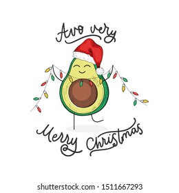 Avocado very merry christmas cute greeting card vector illustration. Cute small avo character in red santa claus cap with festive garland flat style design. Xmas holidays concept