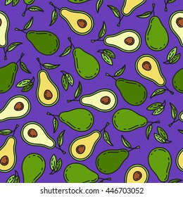 Avocado violet green vegan color seamless green pattern.Tropic exotic fruit. Health food, fabric wallpaper textile print sticker.Organic flat actual summer market restaurant cafe cuisine.Menu elements