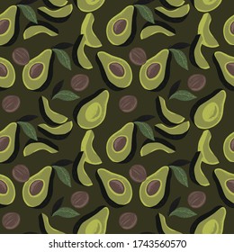 Avocado wallpaper on green background. Pattern with avocado slices and leaves. Print for textile. 