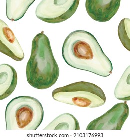 Avocado watercolor vector pattern. Seamless pattern of healthy food. Isolated elements on white background.