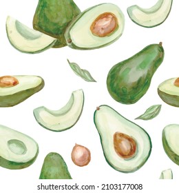 Avocado watercolor vector pattern. Seamless pattern of healthy food. Isolated elements on white background.