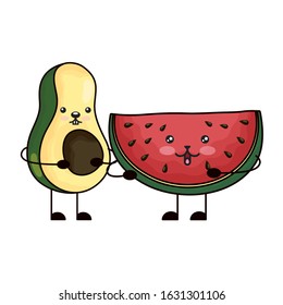 avocado with watermelon kawaii characters vector illustration design