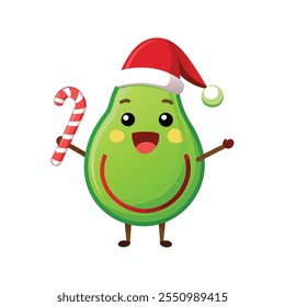 Avocado wearing Santa hat with candy cane vector