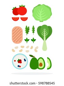 Avocado, white beans, arugula, cabbage, chicken breast, Chinese cabbage, pudding with berries, tomatoes design isolated on white
