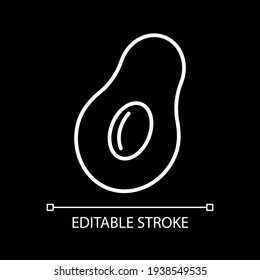 Avocado white linear icon for dark theme. Healthy eating. Cut fruit. Nutrient dietary. Thin line customizable illustration. Isolated vector contour symbol for night mode. Editable stroke