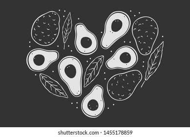 avocado white outline on black background in the shape of a heart