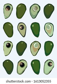Avocado. A whole avocado, cut into slices, half an avocado with the pit. Tropical summer exotic fruits. Avocado background. Original simple illustration. Watercolor, oil painting. Hand-drawn vector