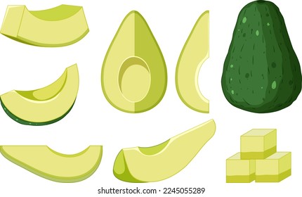 Avocado in whole diced and sliced pieces illustration
