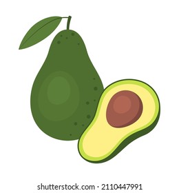 Avocado whole fruit and half sliced for package design. Ripe avocado fruit icon isolated on white background. Organic food, healthy nutrition, vegetarian product. Vector illustration.