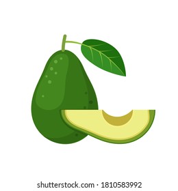 Avocado whole fruit with slice. Vector flat illustration isolated on white background
