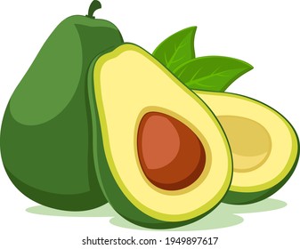 Avocado whole and half with leaves close up on white background