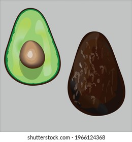 Avocado whole and half on a gray background.