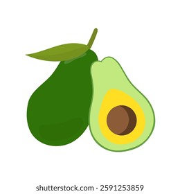 Avocado, Whole half sliced avocado with green leaves, Flat vector illustration.