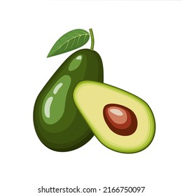 Avocado, ganz und Hälfte, Vektorgrafik einzeln auf weißem Hintergrund auf flachem Hintergrund
