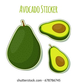 Avocado whole and slice sticker. Tropical summer fruit label. Made in cartoon flat style