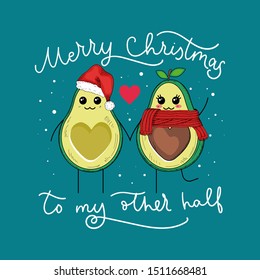 Avocado winter full of lovable feelings banner vector illustration. Greeting card merry christmas to my other half with cute small characters flat style design. Heart warming holidays concept