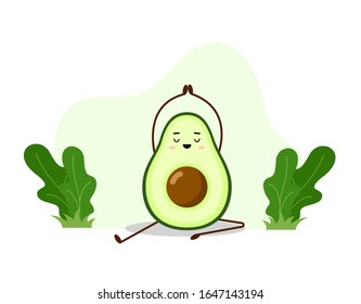 Avocado yoga. Avocado character design on white background. Yoga for pregnant women. Morning exercises for children. Cute illustration for greeting cards, stickers, fabric, websites and prints.