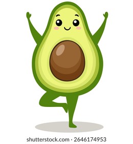 Ioga abacate. Desenho de caracteres abacate sobre fundo branco. Exercícios matinais para crianças. Ilustração vetorial bonito para cartões de saudação, adesivos, tecido, sites e impressões.