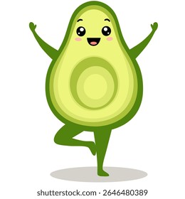 Avocado yoga. Avocado character design on white background. Morning exercises for children. Cute vector illustration for greeting cards, stickers, fabric, websites and prints.
