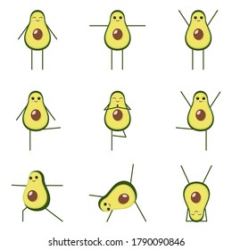 Avocado yoga. Cute avocado in different yoga poses. Vector illustration isolated on white background.