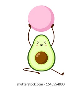 Avocado yoga with pink fitball. Avocado character design on white background. Morning exercises or yoga for pregnant women. Cute illustration for greeting cards, stickers, fabric, websites and prints.