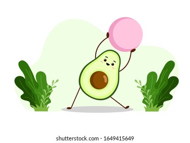 Avocado yoga with pink fitball. Avocado character design on white background. Morning exercises or yoga for pregnant women. Cute illustration for greeting cards, stickers, fabric, websites and prints.